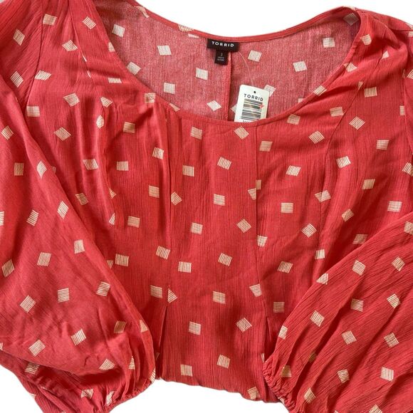 Torrid Blouse Women's Size 3 Plus Babydoll Tunic Crinkle Gauze Geometric Pink - Picture 1 of 8